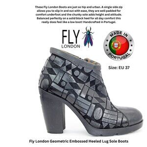 Fly London Geometric Embossed Heeled Lug Sole Boots: Size EU 37